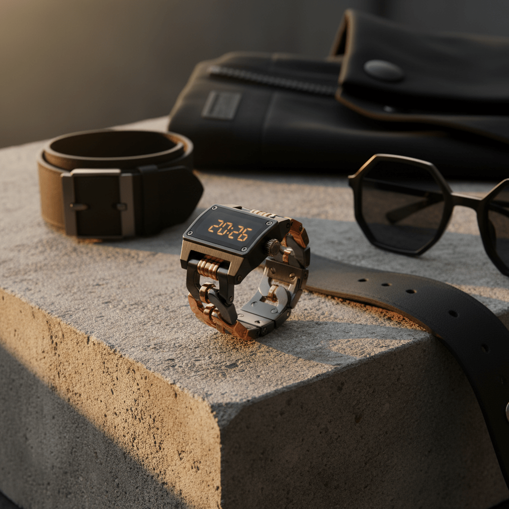 Black-plated mixed-metal ring watch with Figaro chain links on concrete.