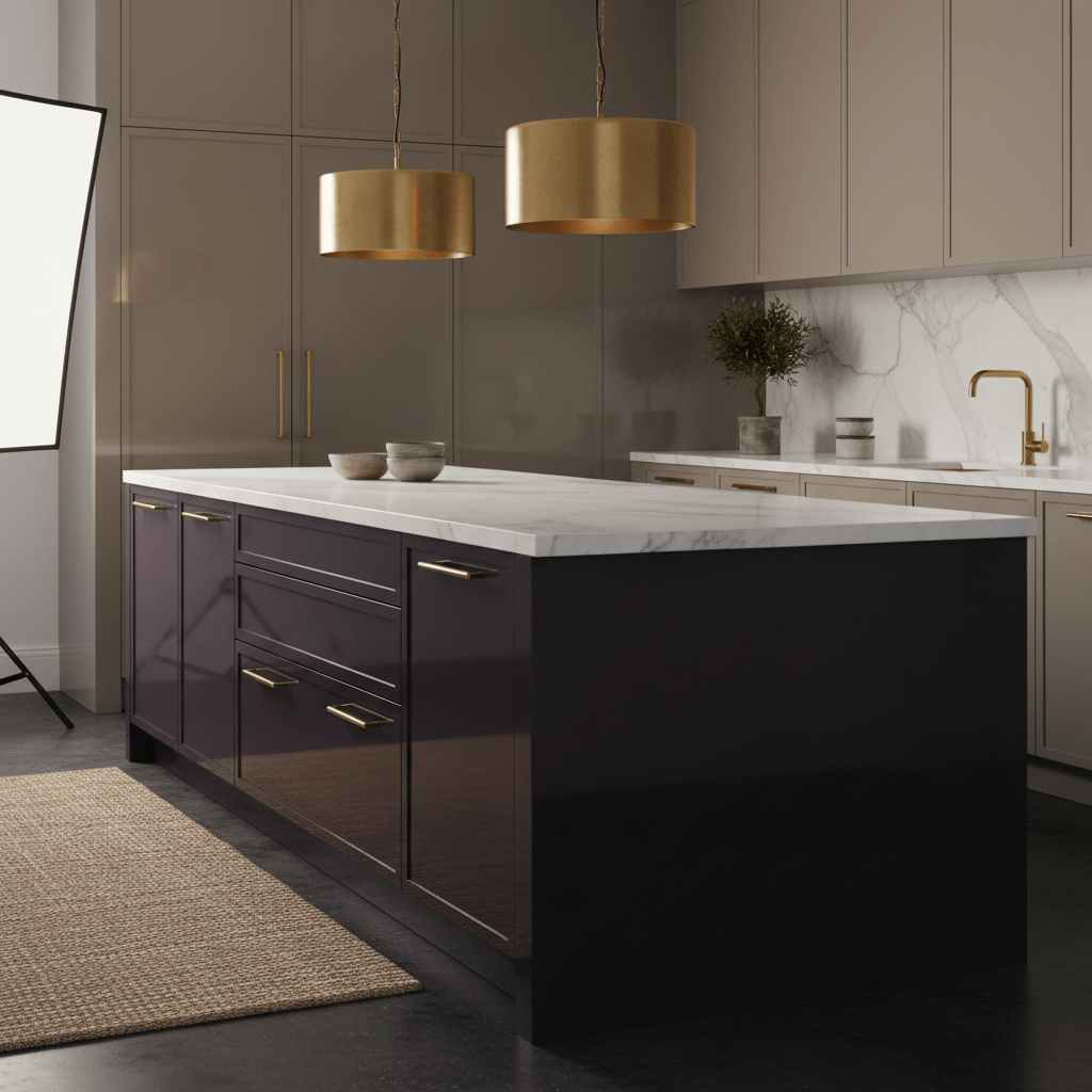 Luxury kitchen with aubergine cabinets, brass hardware, and white marble countertops.