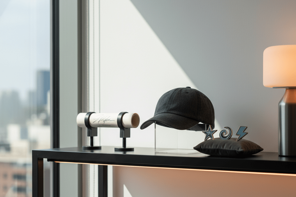 Close-up of exclusive collectibles including a signed poster and cap, lit by natural and ambient light, symbolizing viral entertainment trends