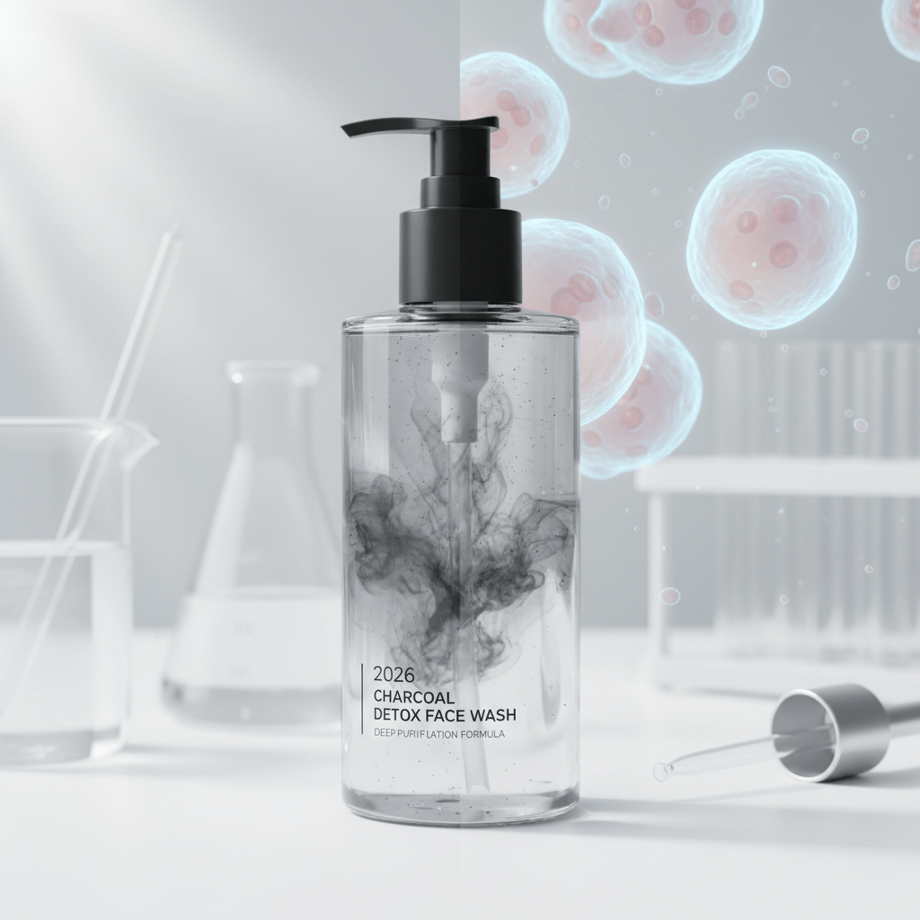 Charcoal face wash bottle next to purifying charcoal particles and healthy skin cells.