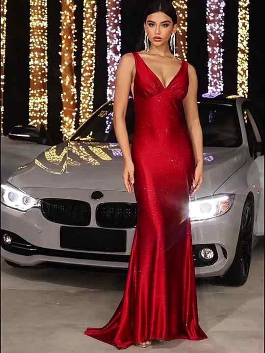 D&M Custom Wholesale Elegant Red Satin Evening Dress | Sexy V-Neck Slit  Floor-Length Formal Party Gown OEM ODM Factory