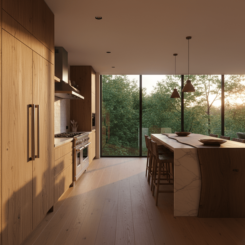 Luxury rustic-modern kitchen with hidden solar refrigerator behind oak panels.