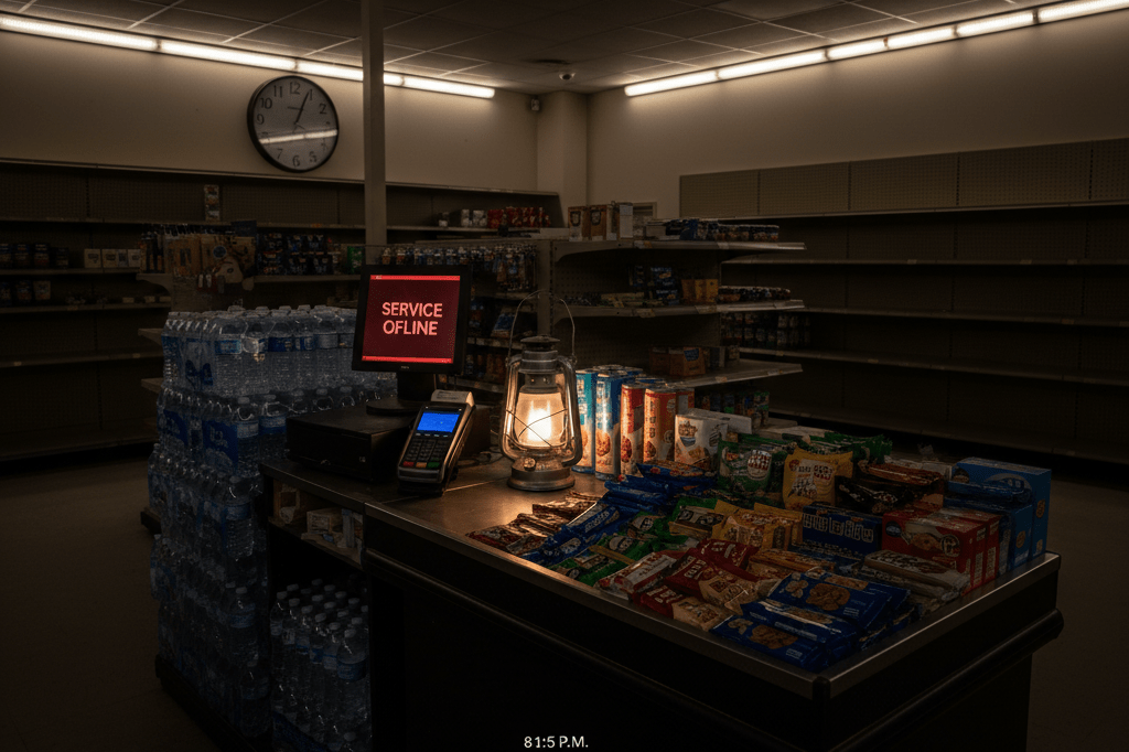 A retail checkout counter lit by emergency lights, showing offline payment systems and stocked supplies during a power outage