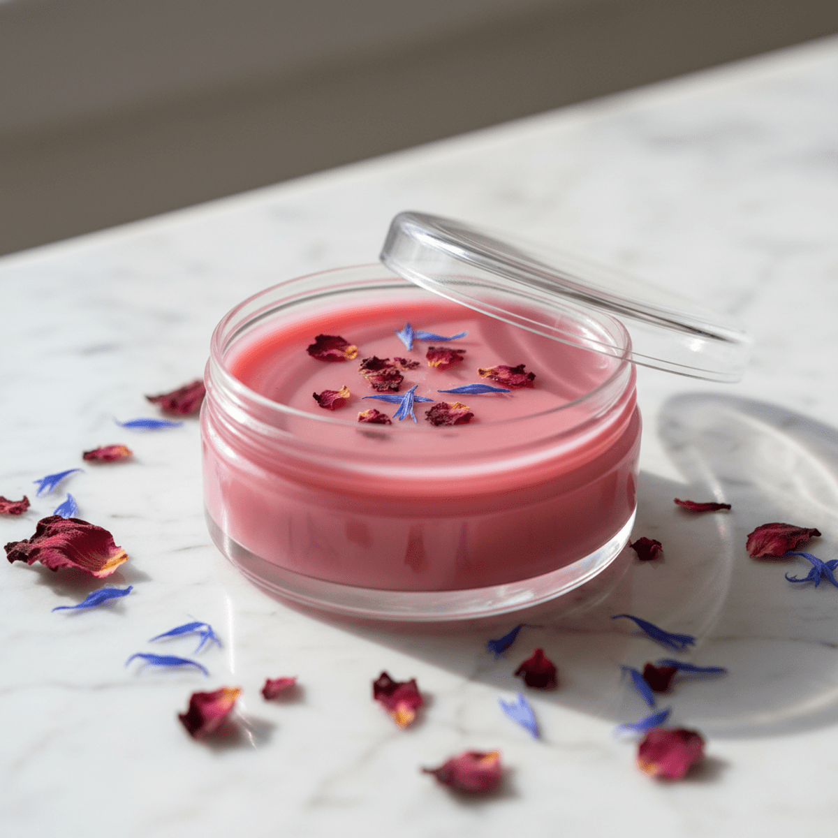 Pink lip balm with dried botanical inclusions in clear tin. Close-up of pink lip balm with rose petals, cornflower, and hibiscus in a clear tin.