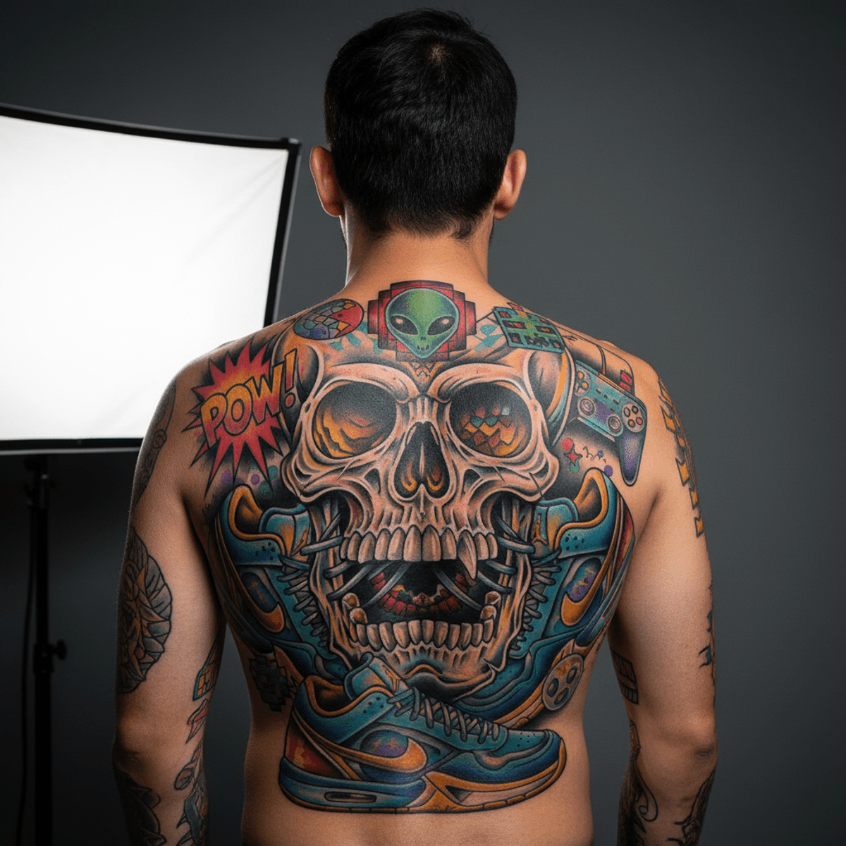 Dramatic skull and sneaker neo-traditional tattoo art Neo-traditional back tattoo featuring a skull intertwined with modern sneaker outlines and pop culture icons.