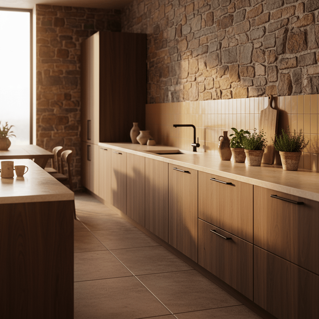 Tuscan kitchen with ochre backsplash, walnut cabinets, and stone countertops.