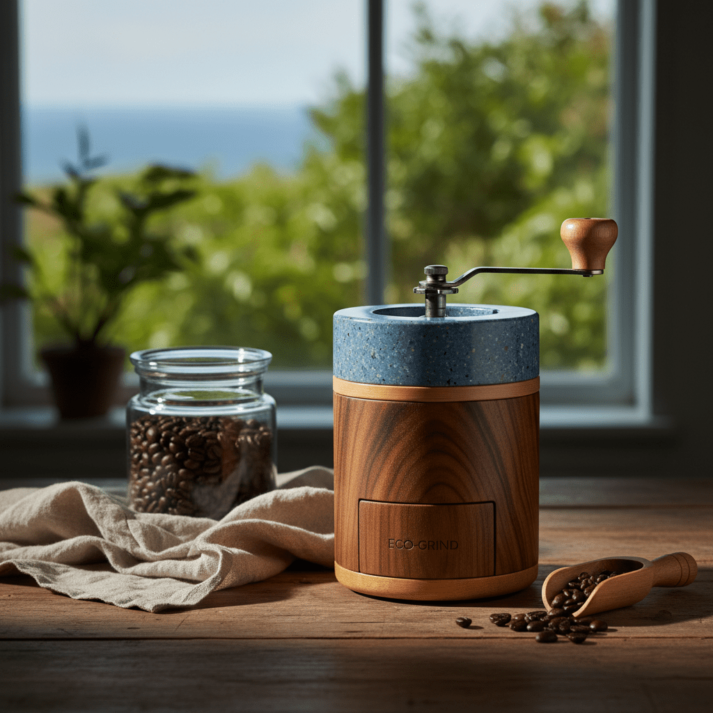 Modern coffee grinder with wood grain on a rustic kitchen table, eco-friendly design.