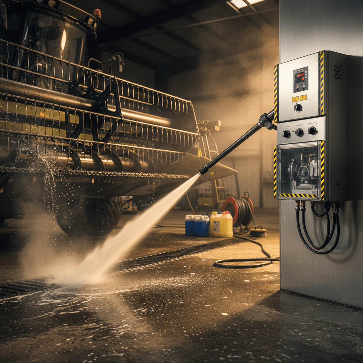 Stainless steel power washer cleans machinery in a steamy agricultural facility.
