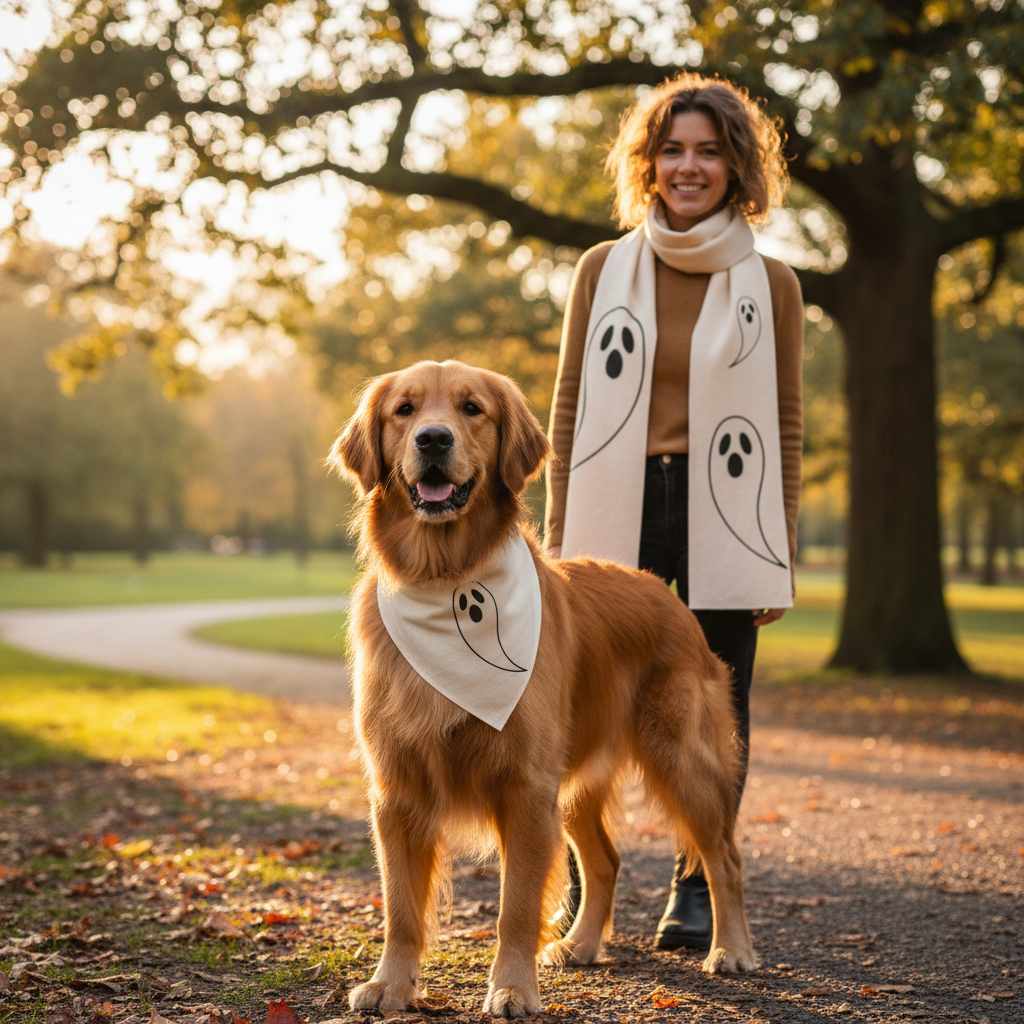 Dog in bamboo fiber bandana with ghost print in golden hour park light.