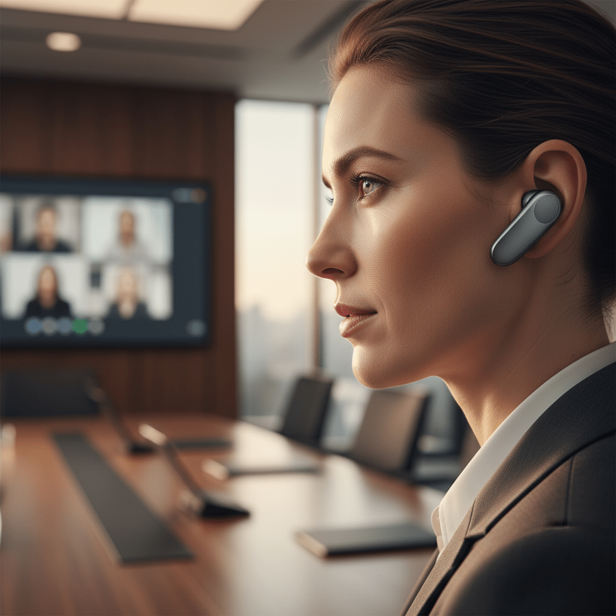 Modern noise cancelling earbuds in graphite grey during a video conference.