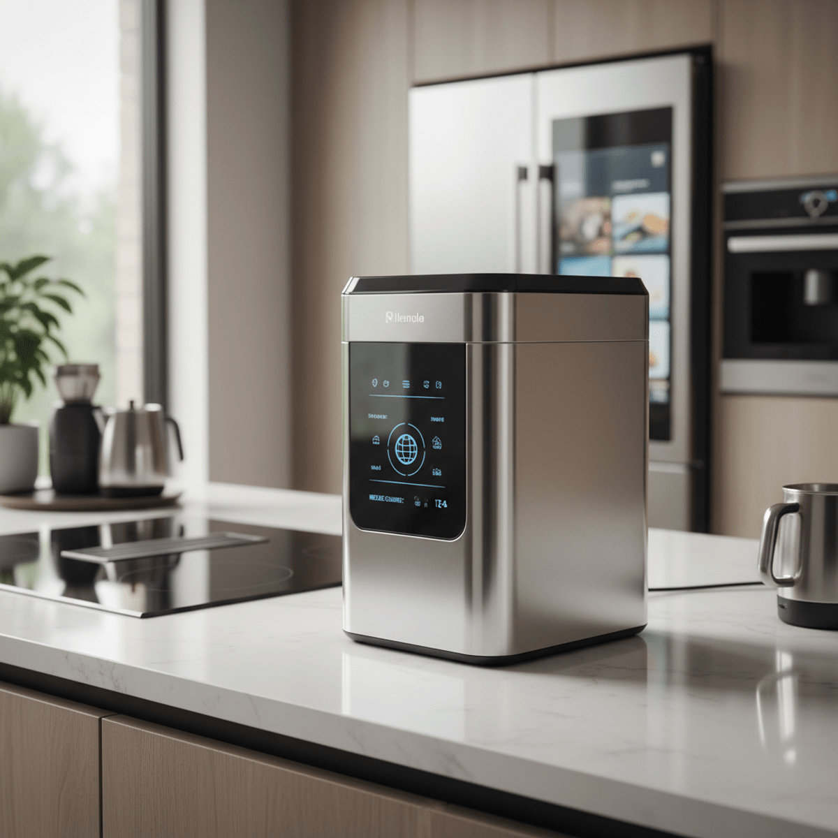 Modern electric can crusher with LED display in a smart kitchen.