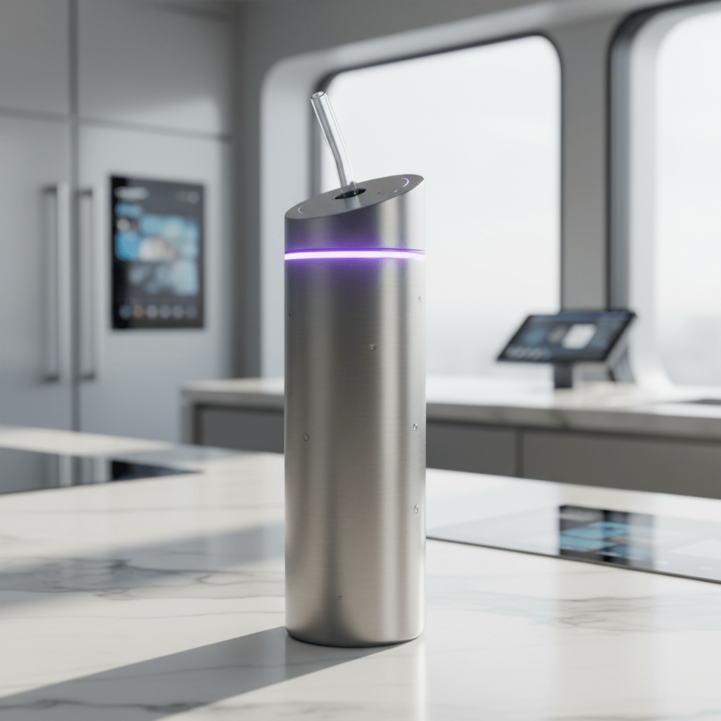 Brushed stainless steel water bottle with UV-C light on marble counter.