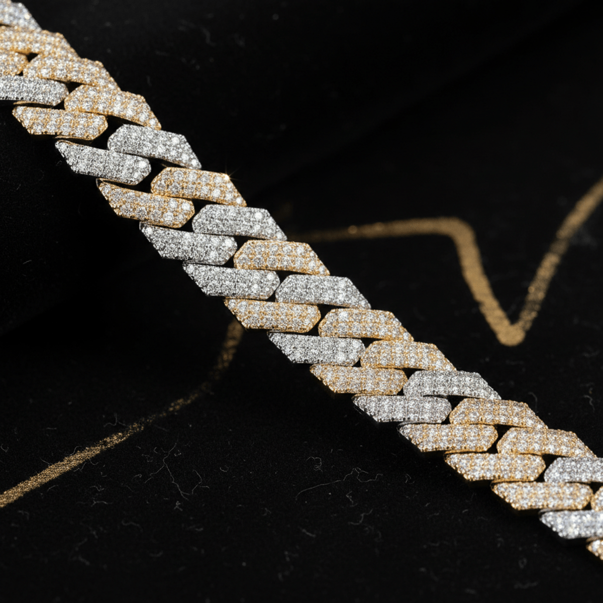Intricate two-tone moissanite chain with Franco weave and V-shaped pattern.