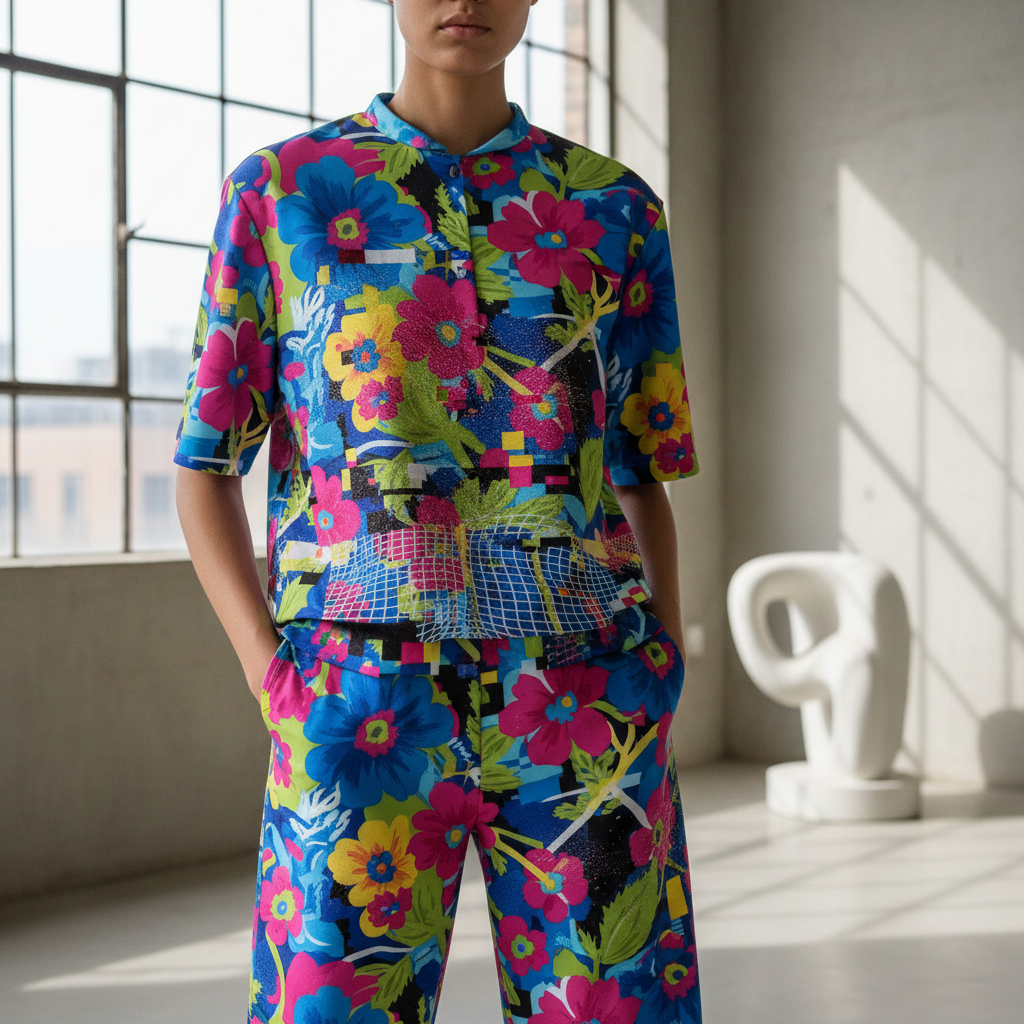 Maximalist pattern coords with pixelation and floral designs in a studio.