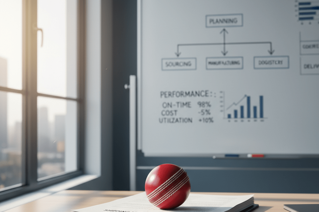 Modern operations desk with flowcharts and a cricket ball under natural light representing strategic efficiency