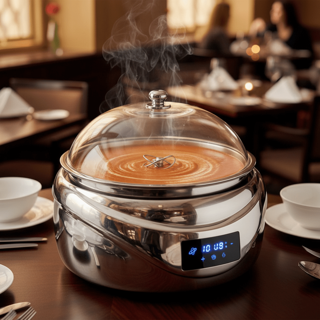 High-end soup warmer with orbital mixing, swirling tomato bisque under a clear lid.