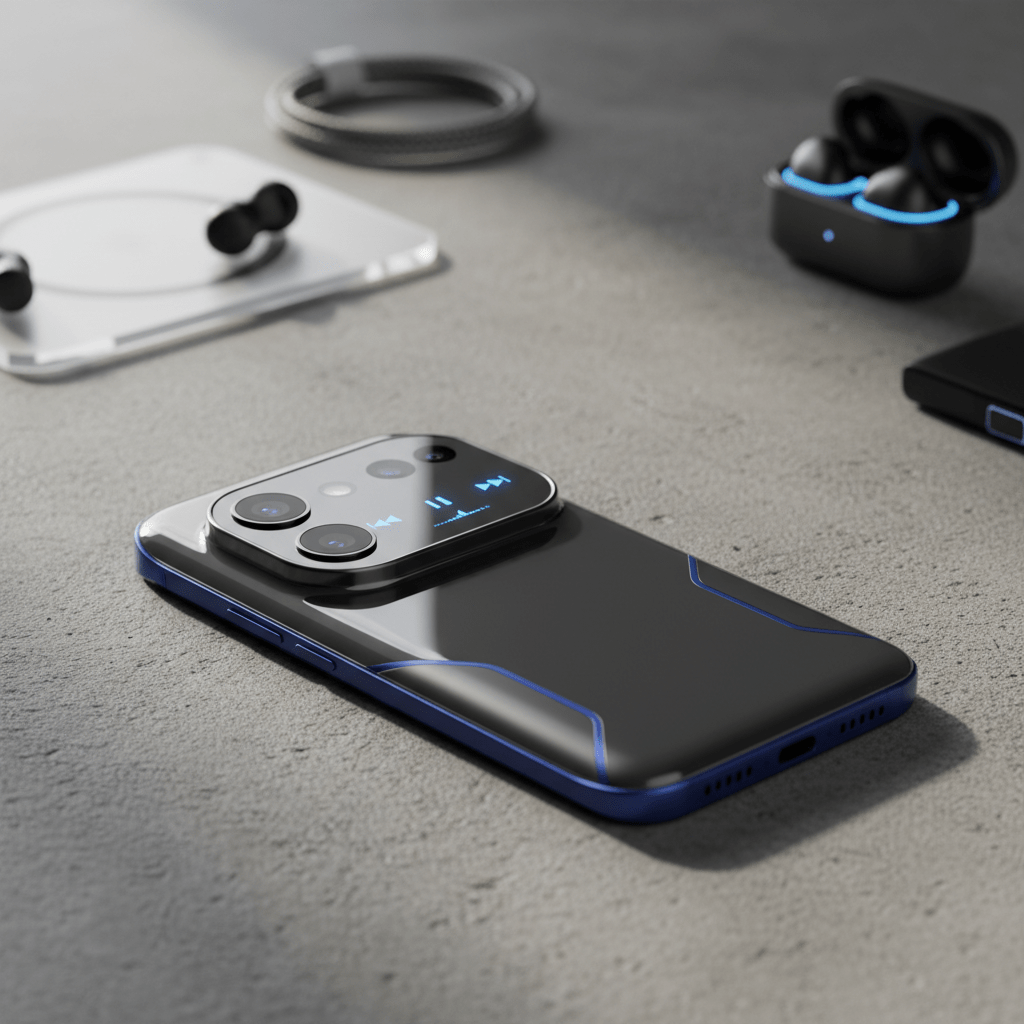 Rear view of a charcoal phone with electric blue accents displaying music controls.