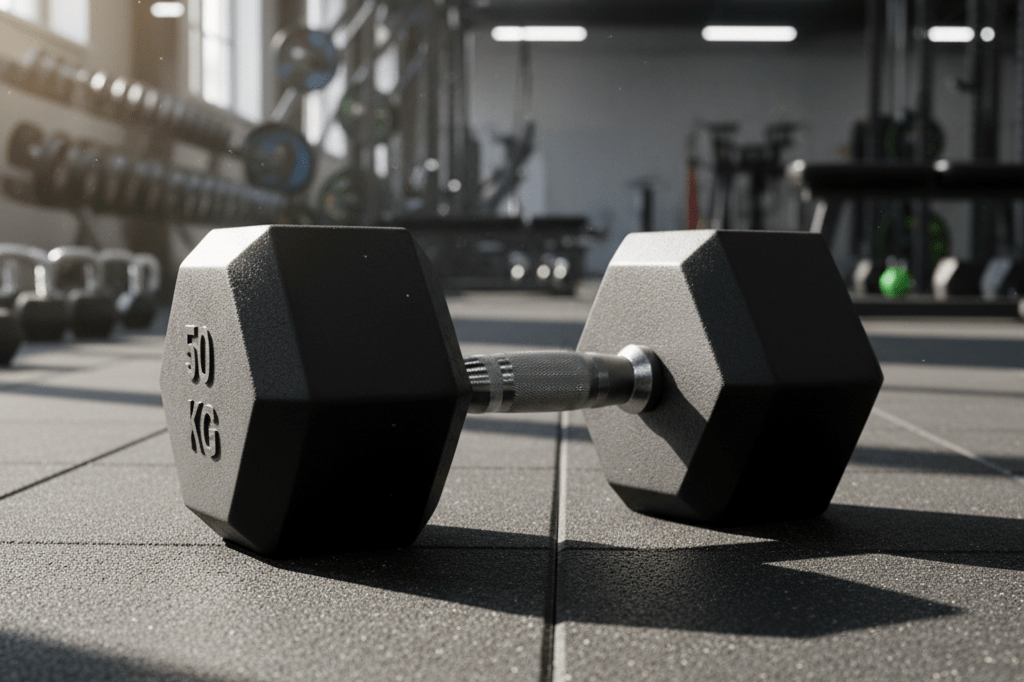 Centered black fixed dumbbell on rubber gym floor lit by natural sun and ambient lights