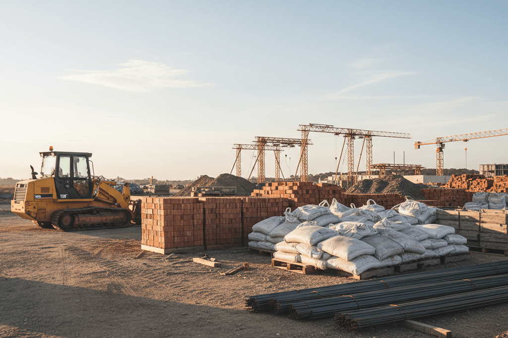 Stacked construction materials including bricks and cement bags at an Australian worksite under natural lighting