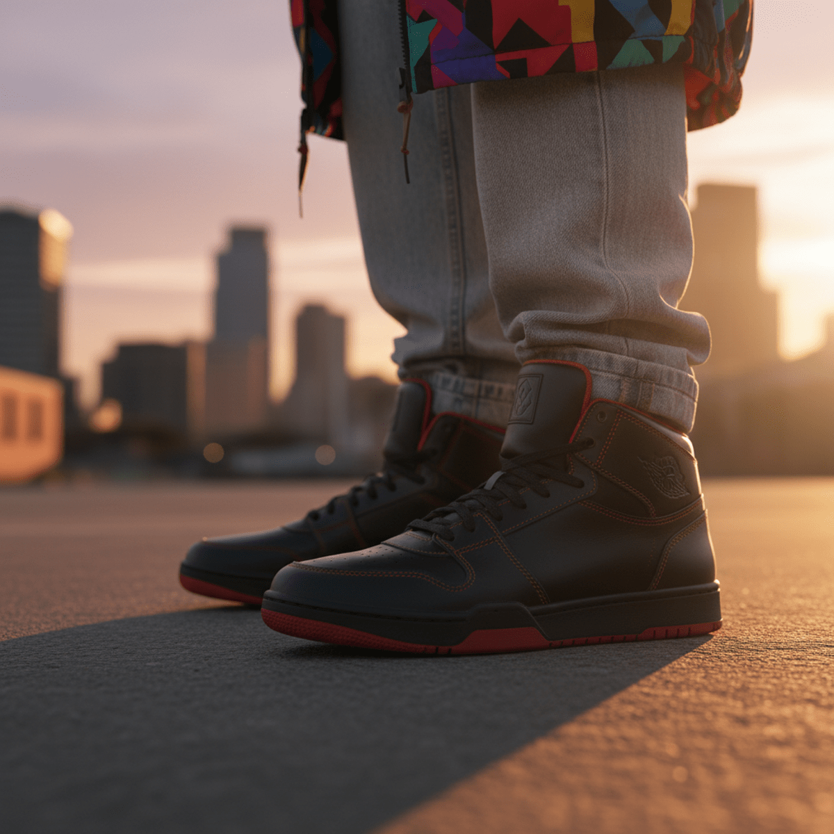 Black and red high-top sneakers styled with 90s hip hop fashion in urban setting.