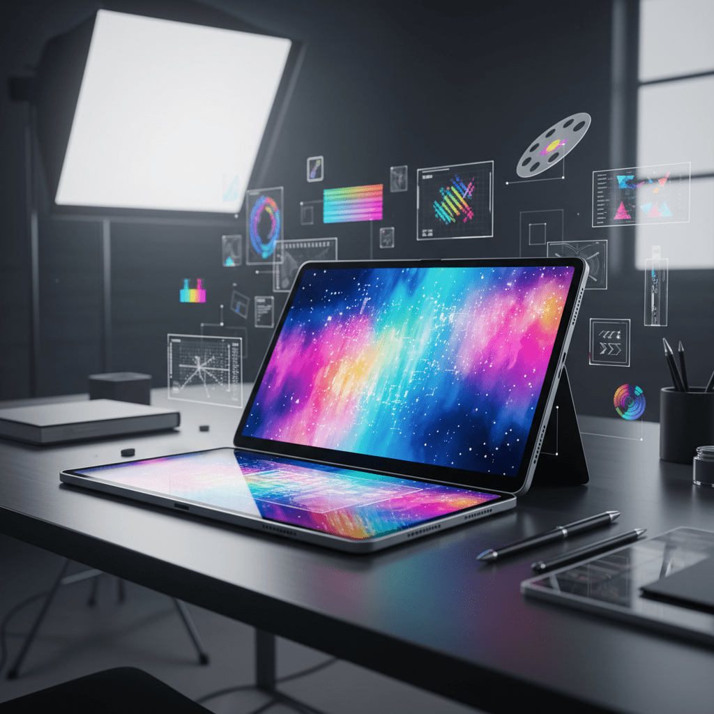 Ultra-modern foldable tablet unfolds to a seamless, edge-to-edge glowing display.