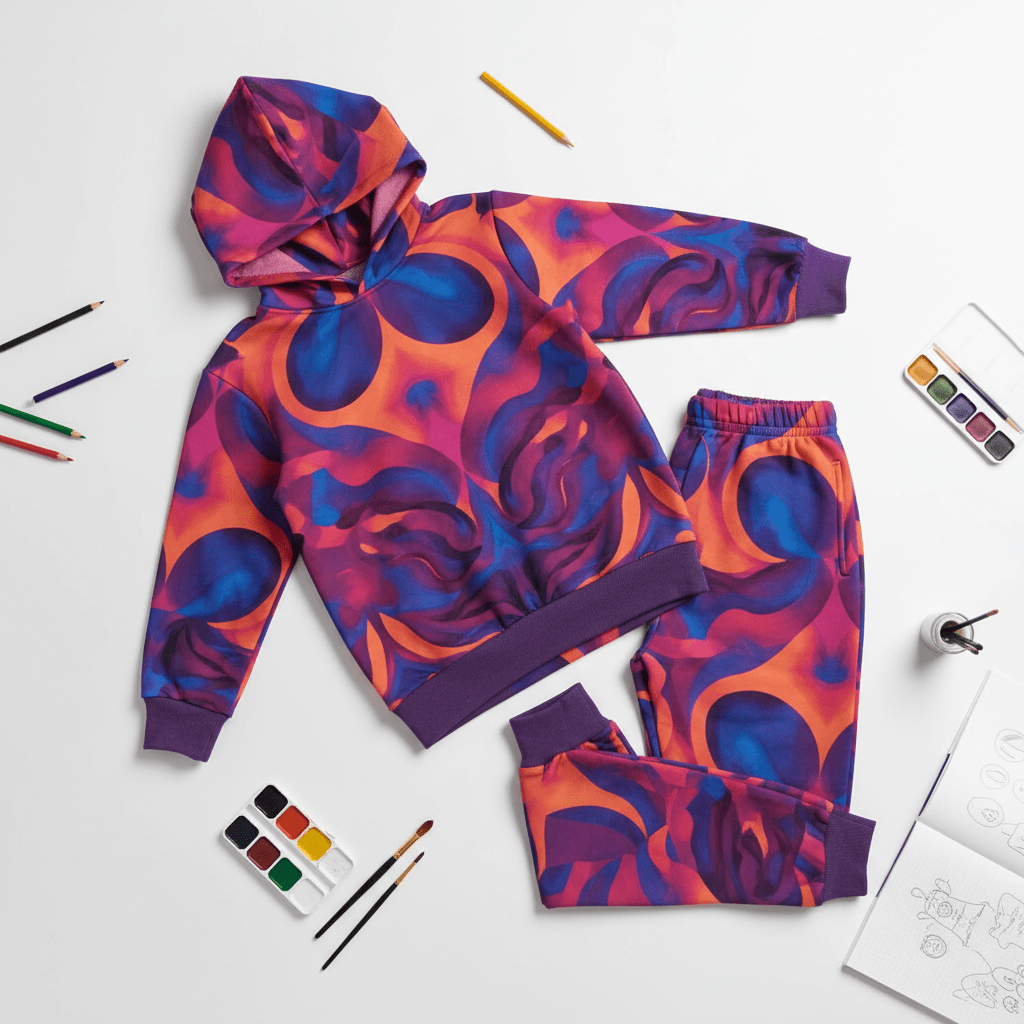 Kids sweatsuit with bold abstract patterns on a white surface, creative props.
