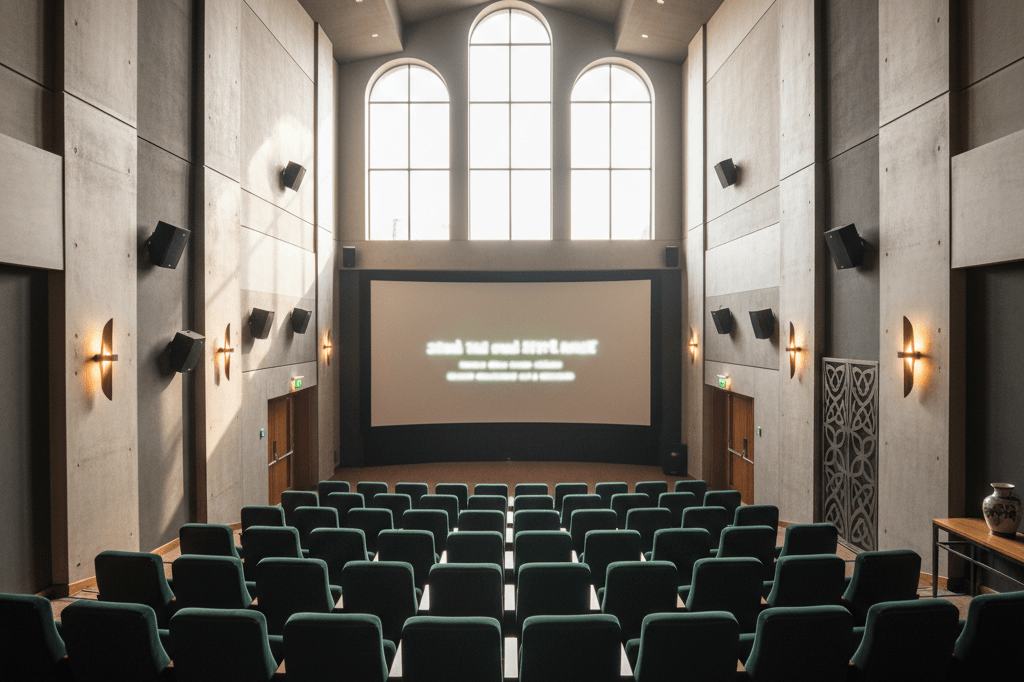 Empty Irish cinema with glowing screen and decorative details under natural light, symbolizing global cultural impact