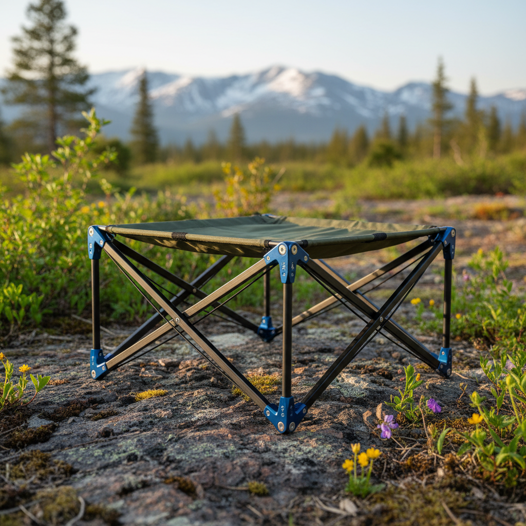 Ultralight carbon fiber table set on rocky terrain with green foliage.