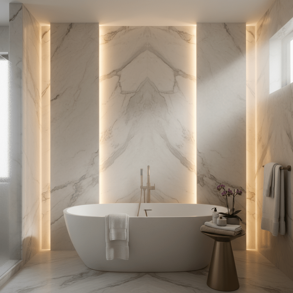 Spa-inspired bathroom with glowing alabaster marble walls and a freestanding stone bathtub.