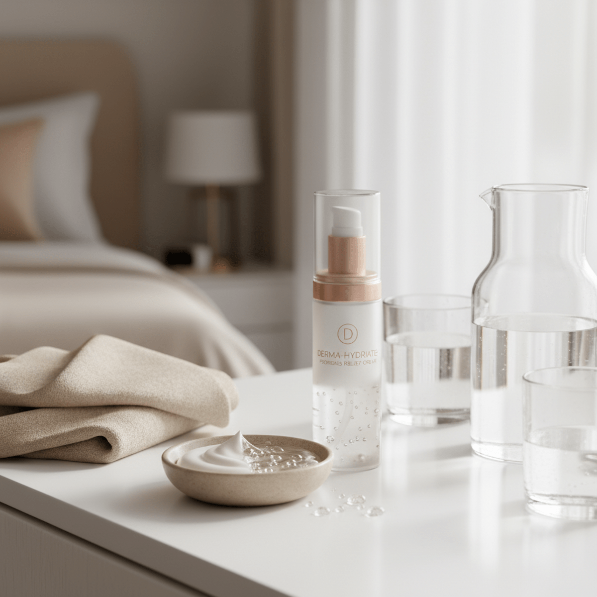 Psoriasis cream product displayed on a vanity with linen and water carafe.