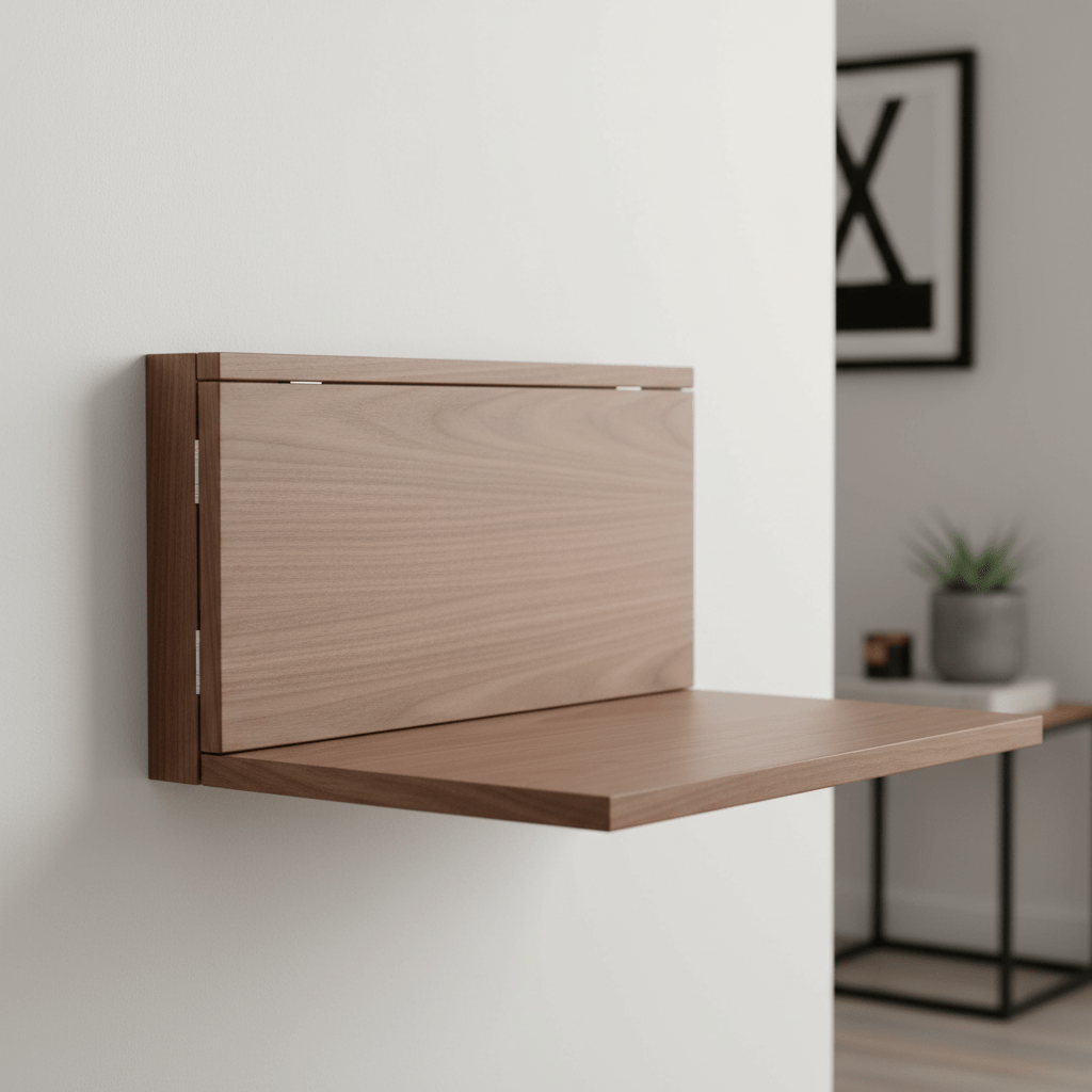 Sleek wall-mounted table in closed position as a seamless hardwood panel.