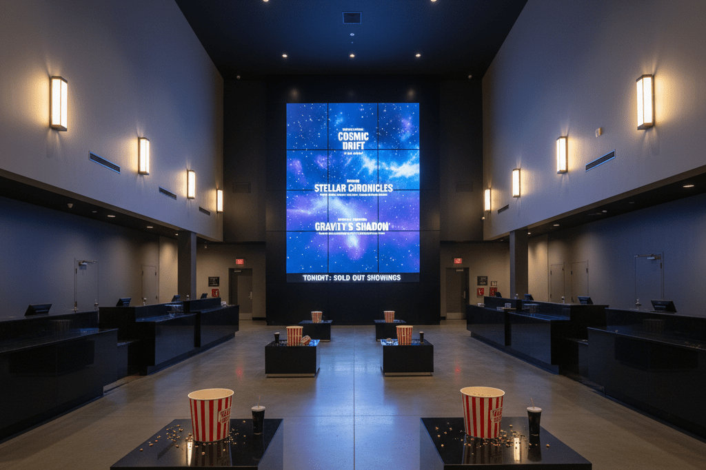 Empty modern cinema lobby with digital marquee, ticket counters, and popcorn buckets under warm ambient light, symbolizing successful film launch