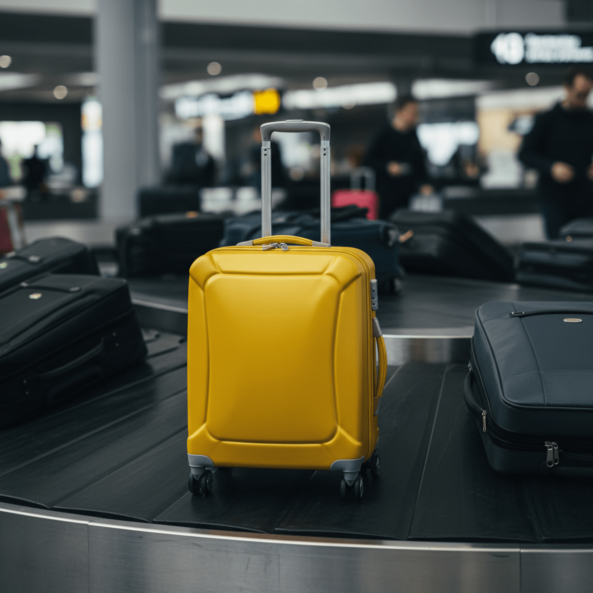 Vibrant yellow trolley bag on a runway carousel Vibrant yellow trolley bag with satin finish on a runway carousel.