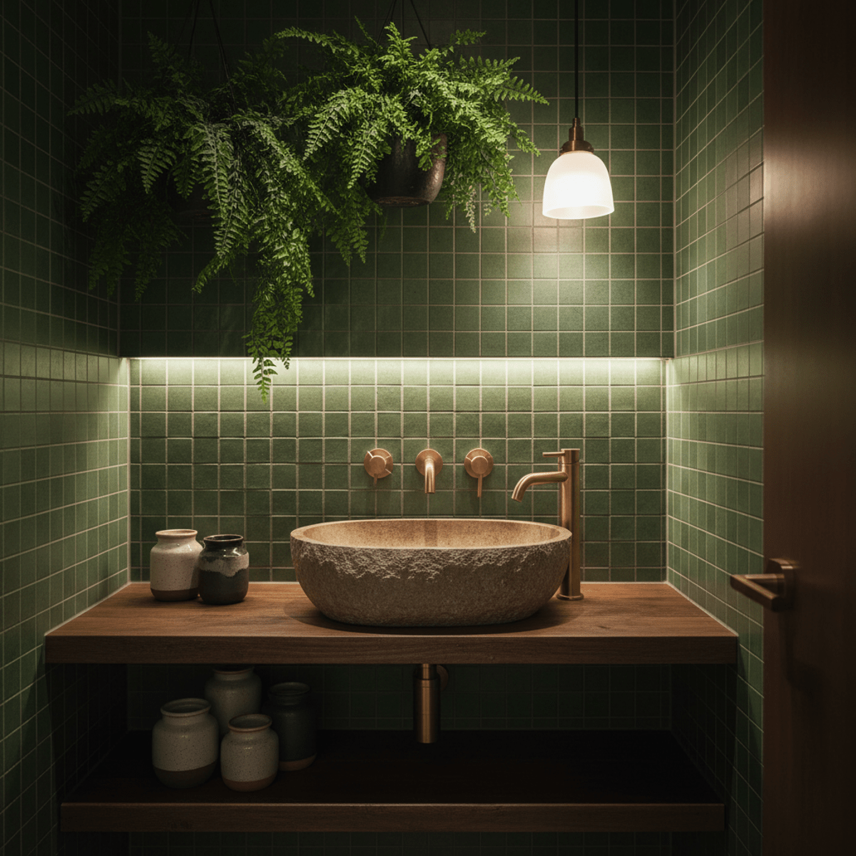Forest green powder room with matte moss tiles and brushed brass fixtures.