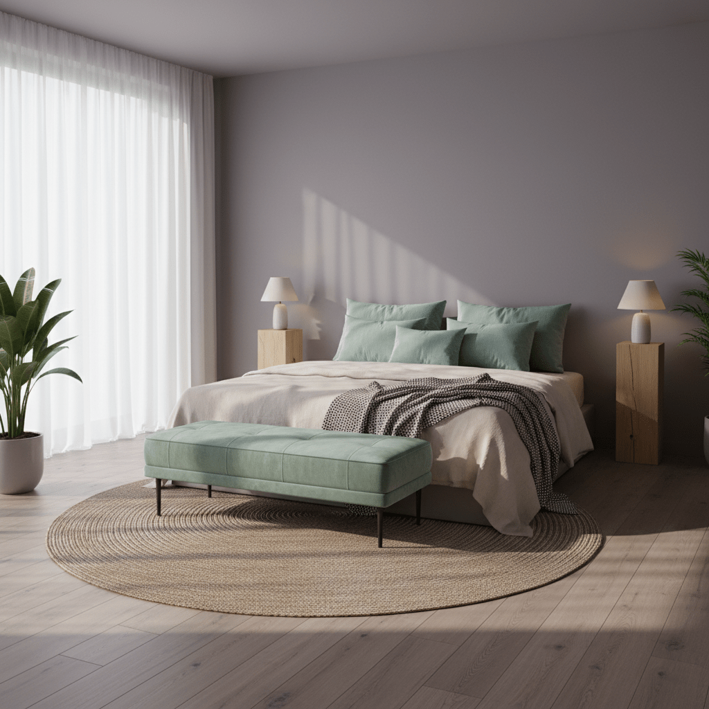 Serene contemporary bedroom with lavender-gray walls and cool mint accessories.
