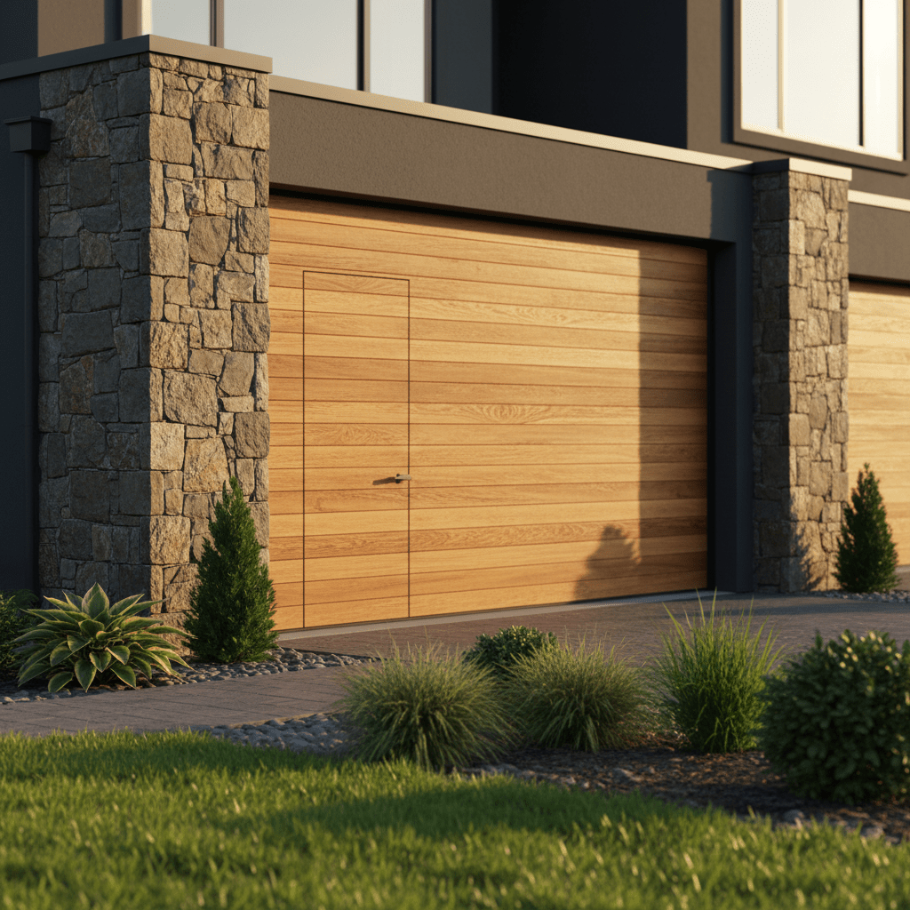 Modern garage door with cedar planks and stone columns in warm sunlight.