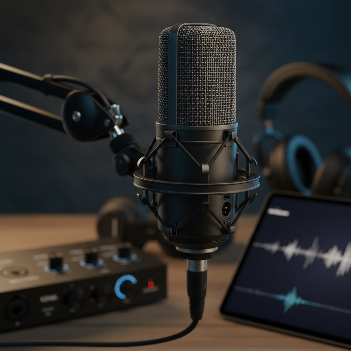 Close-up of a hybrid USB/XLR microphone in a shock mount on a boom arm.