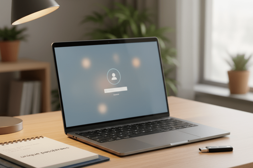 Medium shot of laptop with blurred login screen, notebook, and USB security key on wooden desk under natural and warm ambient light