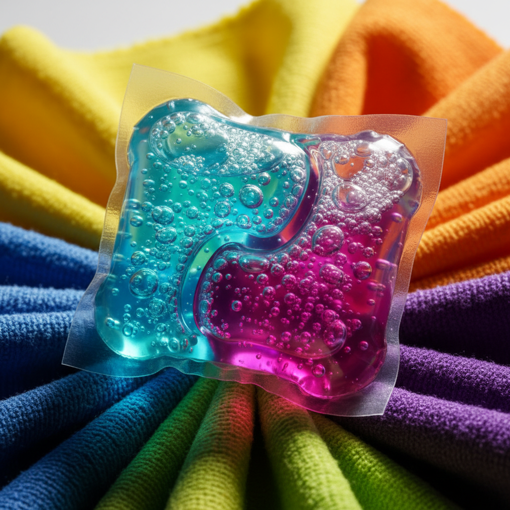 Advanced bleach pod for colored clothes with jewel-like form and vibrant liquid chambers.