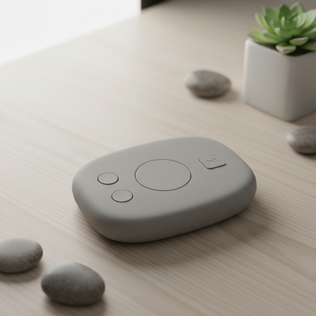 Minimalist stone gray MP3 player on a wooden desk during meditation.