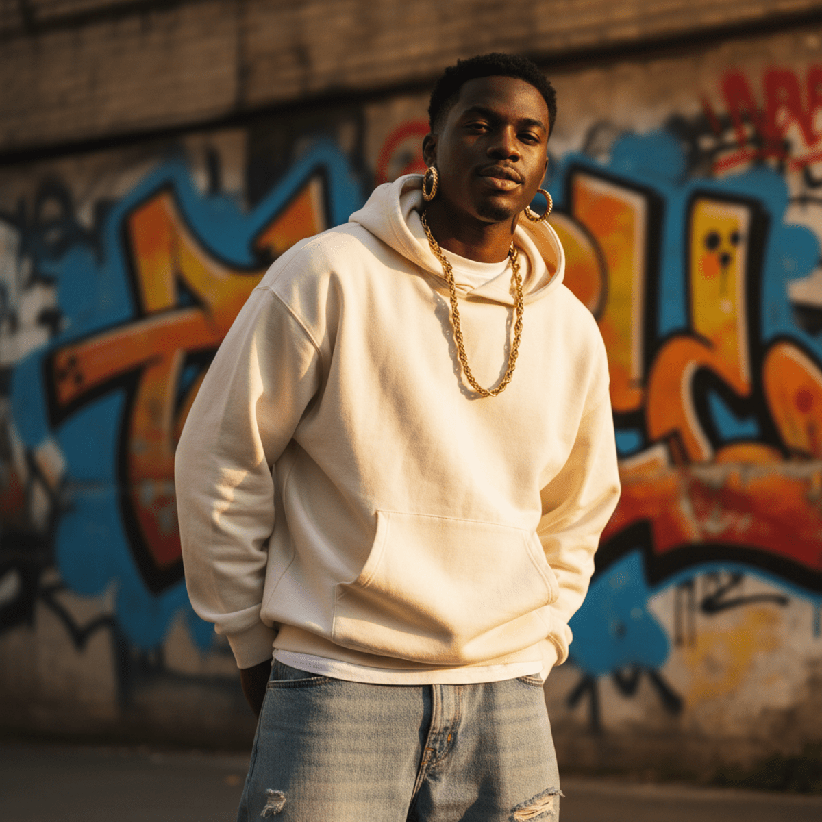 Streetwear model in 90s hip hop fashion with gold jewelry against graffiti.
