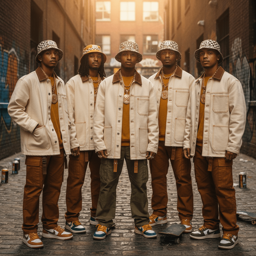 Young adults in 90s hip hop fashion in an urban alleyway at golden hour.