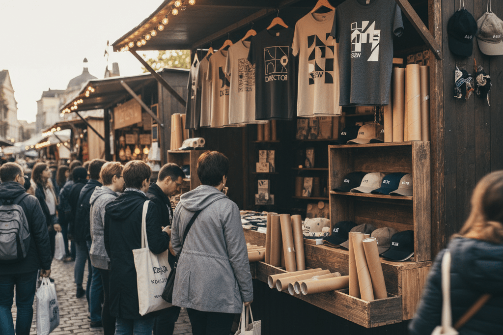 Wide shot of a vibrant marketplace stall offering neutral film-themed goods under warm ambient light, evoking consumer demand dynamics
