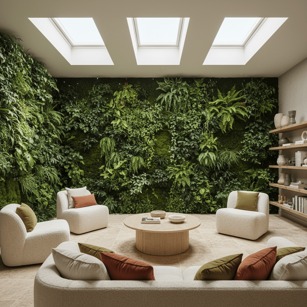 Modern living room with integrated planter walls, lush greenery, and sustainable materials.