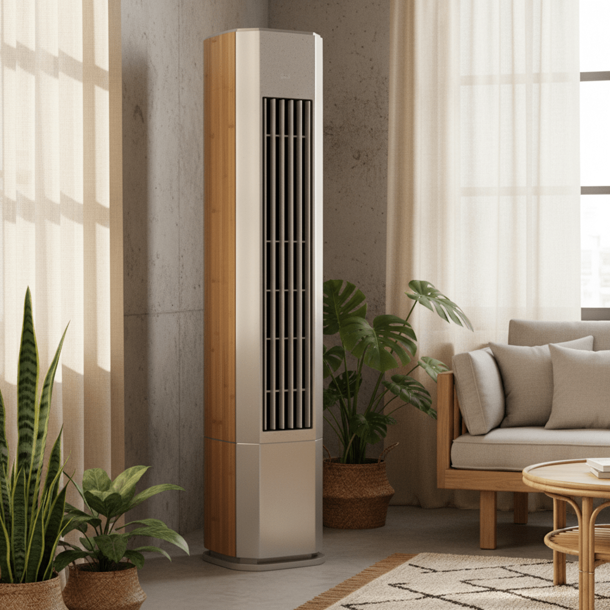 Vertical air conditioner made from recycled materials in a modern, eco-friendly loft.