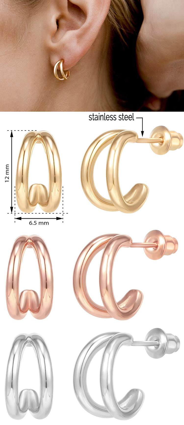 fashion jewelry custom double circle women hoop 18k gold plated hoop earrings