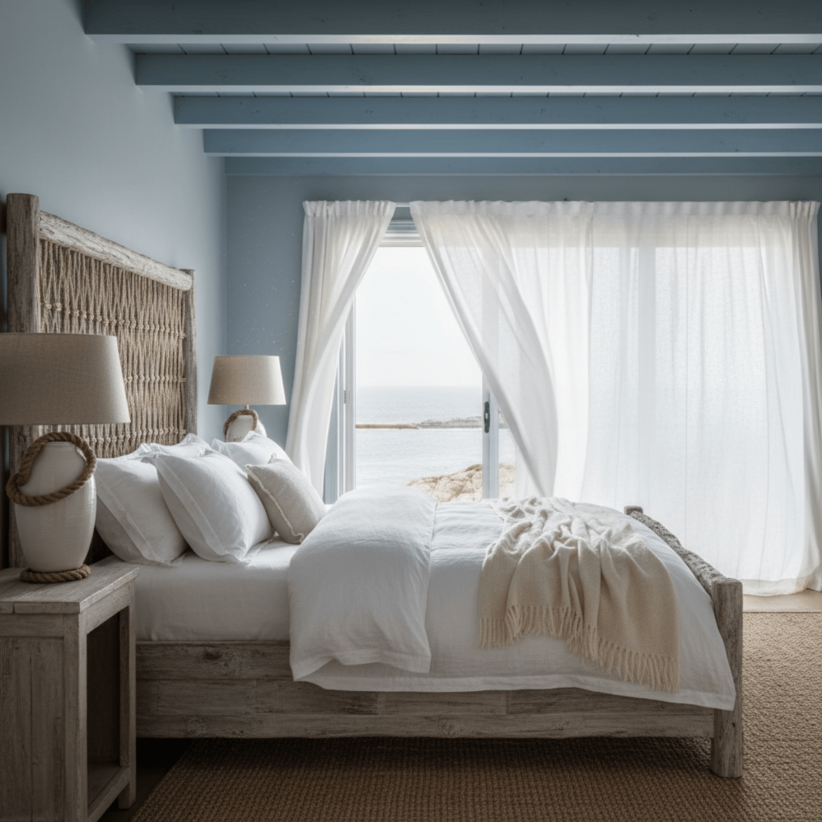 Serene coastal bedroom with foggy blue ceiling beams and sea salt white linens.