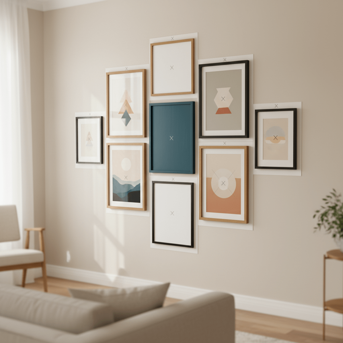 Modern gallery wall art arrangement with mixed frames. Artfully arranged gallery wall with wood, metal, and color frames.