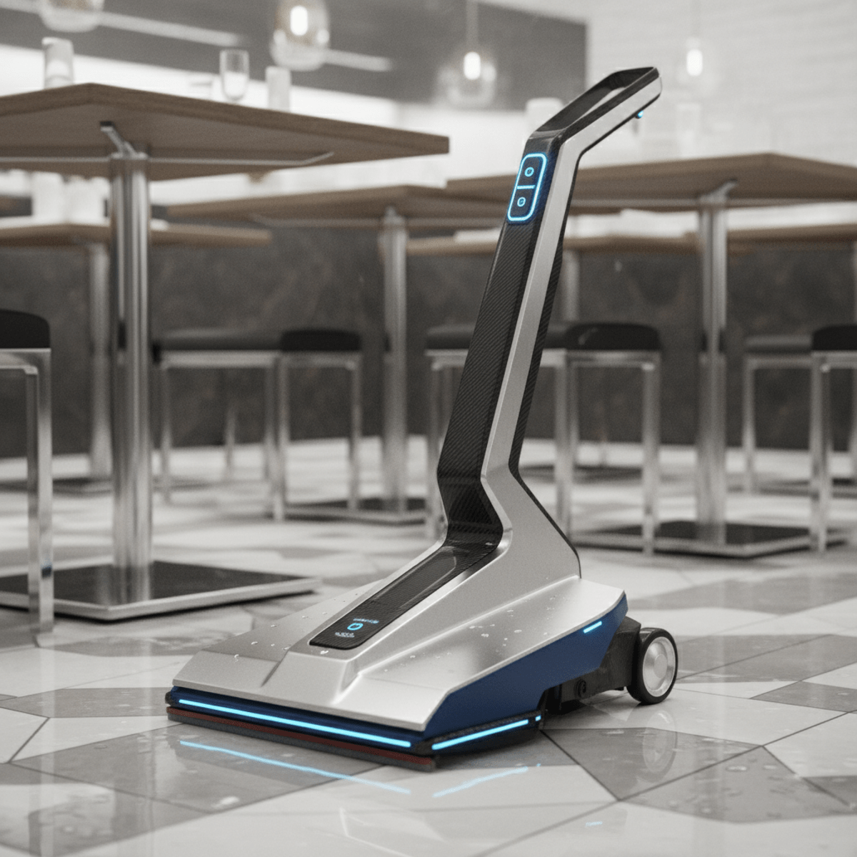 Compact upright tile floor scrubber cleaning around restaurant table legs.