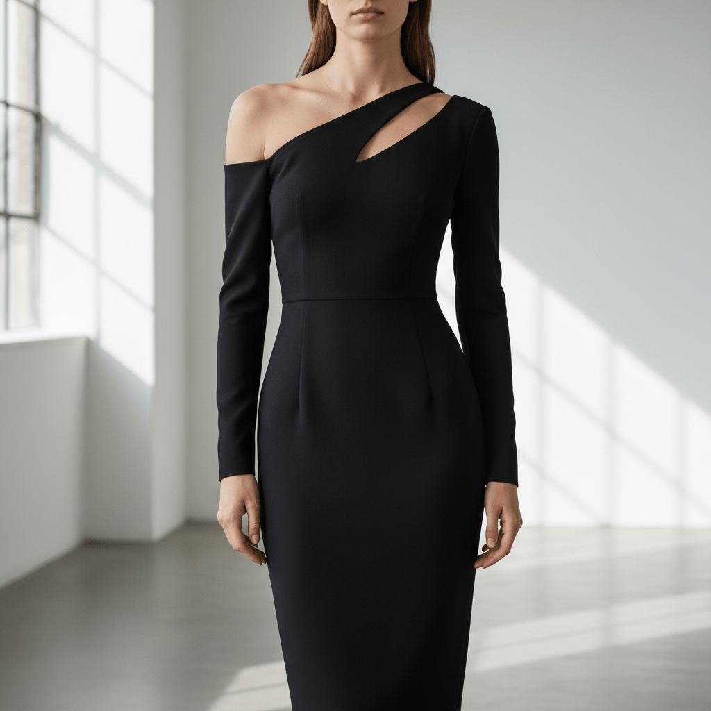Sleek black midi dress with a modern cold shoulder design and geometric lines.